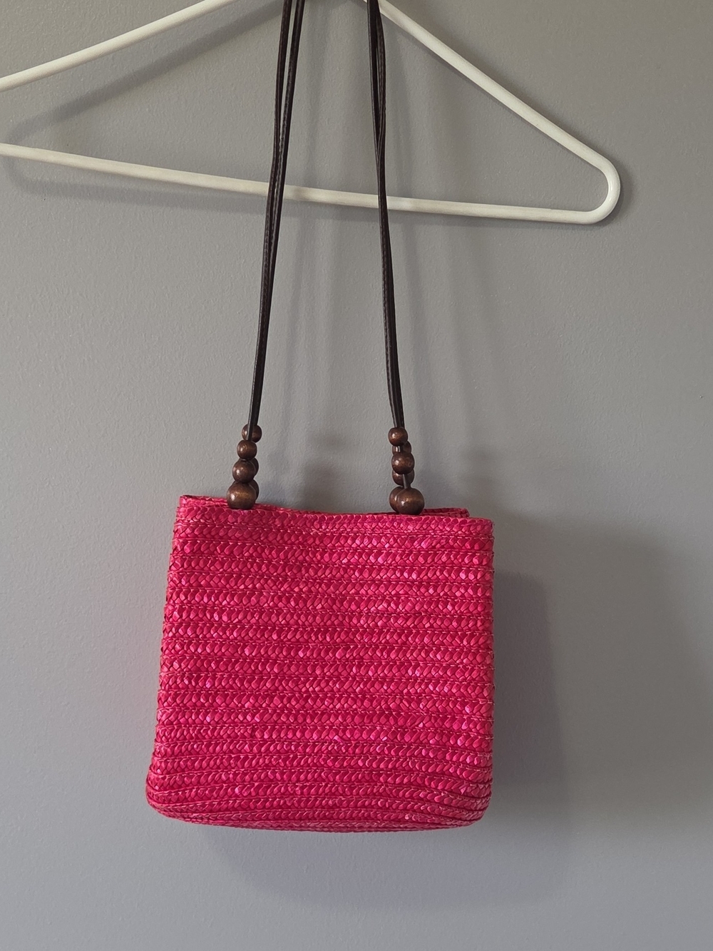 St. John's Bay Hot Pink Woven Shoulder Bag with Wooden Beads Lined Purse